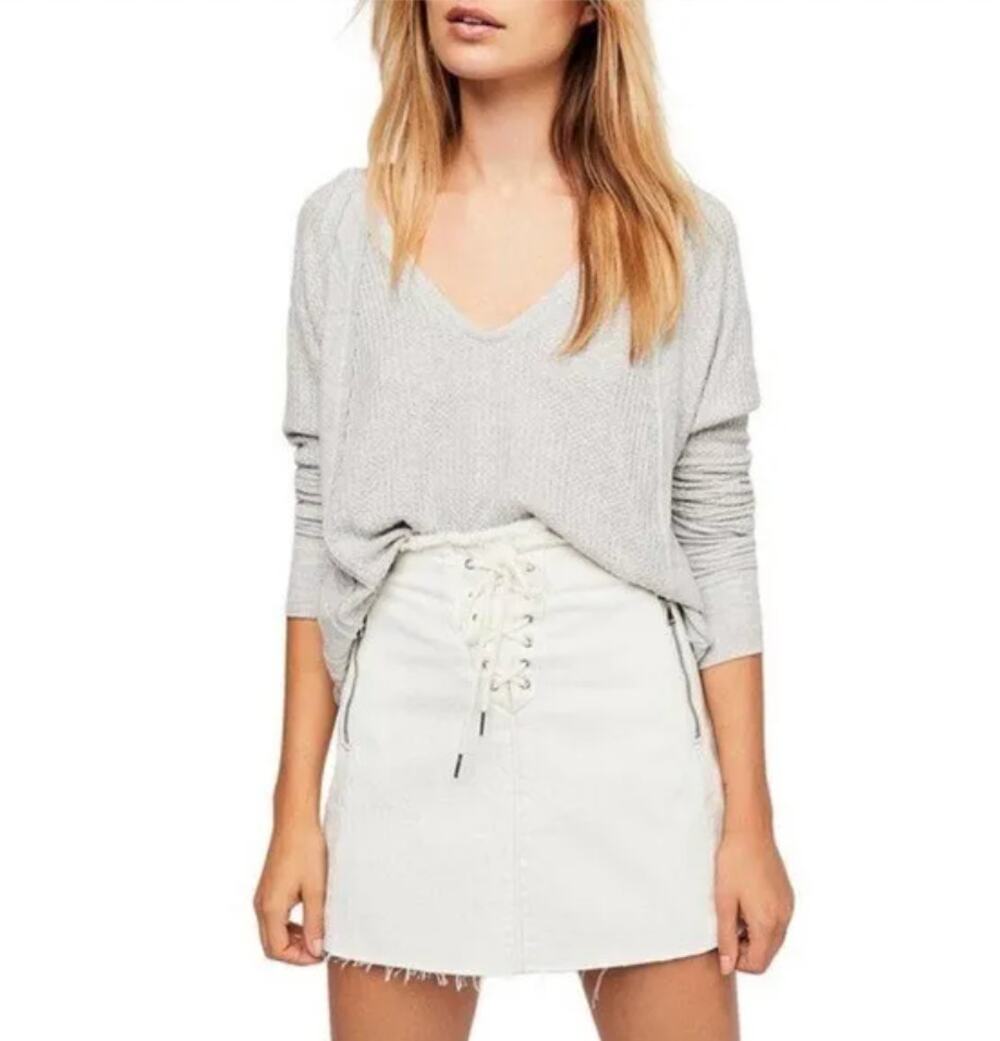 We The Free People Catalina Gray Ribbed Thermal V-Neck Knit Yoga Size Small S